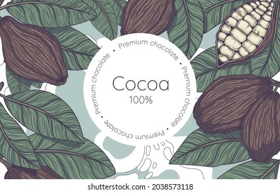 Graphic, vector, bright element made of fruits and leaves of the cocoa tree. A tropical plant, a natural component for chocolate. Vintage-style illustrations for decor, menus, banners, labels