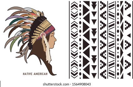 graphic vector character of a native American and a native American pattern