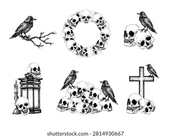 Graphic vector collection gothic compositions human skulls, black raven, religion cross, vintage lantern, burning candle in candlestick. Set of illustrations Dark occult line art for Halloween design.