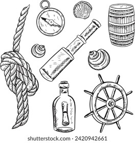 graphic vector collection of pirate and saling elements. isolated on white background compass, spyglass, rope, seashells, rom barrel, boat, ship rudder , message in a bottle