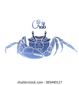 Graphic vector crab drawn in line art style. Sea and ocean creature in blue colors. Seafood element. Coloring book page design