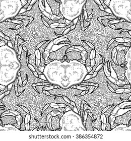 Graphic vector crab drawn in line art style. Sea and ocean seamless pattern. Top view. Seafood element. Coloring book page design for adults and kids