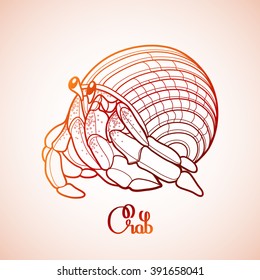 Graphic vector crab drawn in line art style. Sea and ocean creature isolated in red colors. Top view. Seafood element. Coloring book page design
