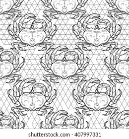 Graphic vector crab drawn in line art style. Sea and ocean seamless pattern. Top view. Seafood element. Coloring book page design for adults and kids