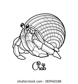 Graphic vector crab in the shell drawn in line art style. Sea and ocean creature isolated on white background. Seafood element. Coloring book page design for adults and kids