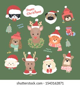 Graphic vector cute animal head collection in Christmas clothes Santa Claus hat