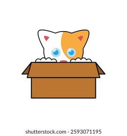 graphic vector design of brown cardboard with a cat head coming out of the box on a white background