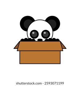 graphic vector design of brown cardboard with a panda head coming out of the box on a white background