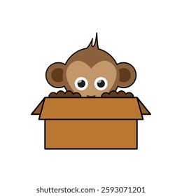 graphic vector design of brown cardboard with a monkey head coming out of the box on a white background
