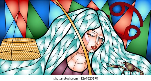 Graphic vector drawing depicting a girl personifying Cancer zodiac sign