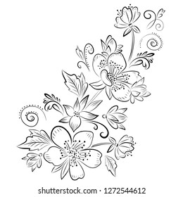 graphic vector drawing flowers leaves and curls on a white background