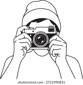 Dibujo de Vector gráfico del fotógrafo que opera la cámara de estilo vintage que captura la imagen. Ilustración de silueta de contorno monocromo que representa el hobby o la profesión de la Fotografía con dispositivo de mano. Persona que toma la foto.