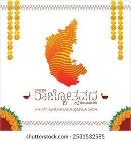 Gráfico con Elementos de Vector que muestran el estado de Karnataka en la India con Happy Karnataka State Formation Day Wishes (Karnataka Rajyotsavada Shubashayagalu). Gráficos de celebración