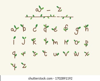 Graphic vector of English alphabet with leaves in natural style. A brown line with leaves A-Z typography. Hand-write font of green natural, forest, jungle, or organic style.