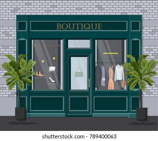 Graphic Vector Facade Vintage Boutique. Detailed Illustration Of A Clothes Shop In A Flat Style. Retail Storefront. European Fashion Store House