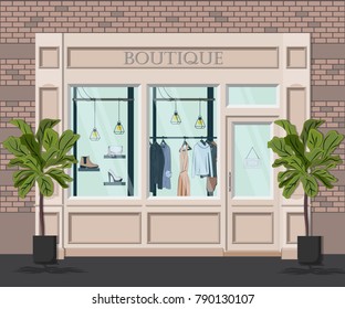 Grafische Vektorfassade Vintage Boutique. Detaillierte Illustration eines Bekleidungshauses im Flachstil. Schaufenster für den Einzelhandel. Europäisches modernes Modehaus