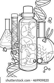 Graphic vector fetus in the glass bottle and abstract dna background. Artificial insemination or IVF topic. Vector science illustration. Coloring book page design for adults and kids