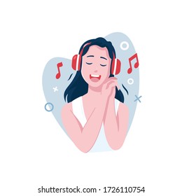 graphic vector of flat design of a woman listening to music using headphones,perfect for web design, banner and etc.