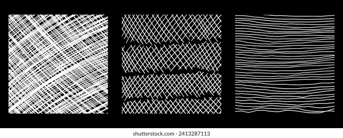 Graphic vector freehand textures set with different hand drawn patterns. Pencil lines on black background.