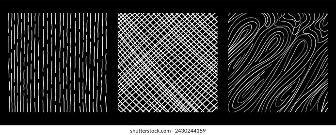 Graphic vector freehand textures set with different hand drawn squares patterns. Pencil lines on black background.