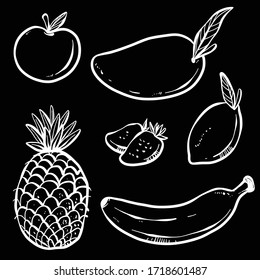grafische Vektorgrafik von Obstgrafik mit handgezeichnet Stil, Apfel, Banane, Ananas, Zitrone, Mango und Erdbeere. perfekt für Menü, Druck und vieles mehr
