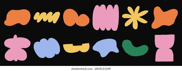 Graphic vector geometric composition with abstract layout and organic artsy element, for a funky flower shape cutout and children design. Cloud cartoon groovy blob color flat weird star childish.