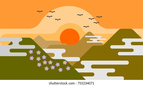 Graphic vector of green mountains landscape with sunset.
