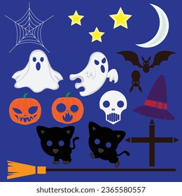 graphic vector halloween design elements set for use on halloween day. consisting of white cloth ghosts, pumpkin ghosts, bats, cobwebs, wands and witch hats, black cats, skull, star and moon