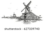 Graphic Vector hand drawing engraving Illustration of watermill in Amsterdam (Netherlands, Holland) in black color. Vector isolated on a white background.