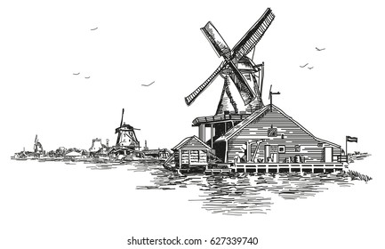 Graphic Vector hand drawing engraving Illustration of watermill in Amsterdam (Netherlands, Holland) in black color. Vector isolated on a white background.