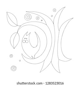Graphic vector hand drawn illustration of cat, tree with leaves, dots. Line drawing, cute picrute for coloring. Black and white