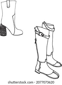 Graphic vector hand-drawn black and white illustration with boots pictured. Idea for printing on textiles, packages, coloring pages.