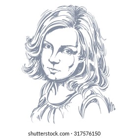 Gráfico vectorial ilustración a mano de la piel blanca atractiva señora melancólica con elegante corte de pelo. La gente se enfrenta a expresiones. Triste y soñadora chica.