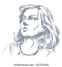 Grafische Vektorgrafik handgezeichnet von weißer Haut attraktive romantische Dame mit stylischem Haarschnitt. Die Menschen sehen Ausdrücke. Träumes Modell posieren für Porträt.