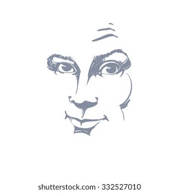 Graphic vector hand-drawn illustration of white skin attractive skeptic  lady. People face expressions.