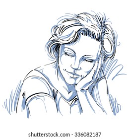 Graphic vector hand-drawn illustration of white skin attractive loving lady with stylish haircut. People face expressions.