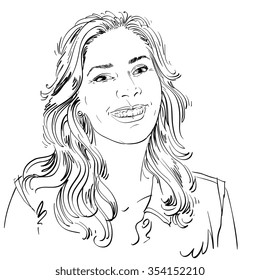 Graphic vector hand-drawn illustration of white skin attractive happy smiling lady with long wavy hair and stylish haircut. People face expressions. Model posing for portrait.