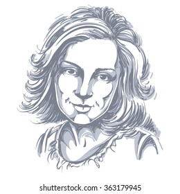 Graphic vector hand-drawn illustration of white skin attractive melancholic lady with stylish haircut. People face expressions.