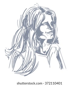 Graphic vector hand-drawn illustration of white skin attractive romantic lady with stylish haircut. People face expressions, tenderness theme.