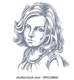 Grafische Vektorgrafik von weißer Haut attraktive melancholische Dame mit stylischem Haarschnitt. Die Menschen sehen Ausdrücke. Trauriges und trauriges Mädchen.