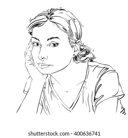 Graphic vector hand-drawn illustration of white skin sorrowful attractive lady with stylish hairdo. People face expressions. Sad and pensive young girl creative portrait.