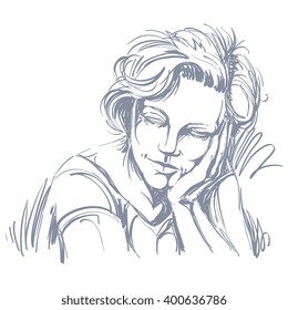 Graphic vector hand-drawn illustration of white skin attractive loving lady with stylish haircut. People face expressions.