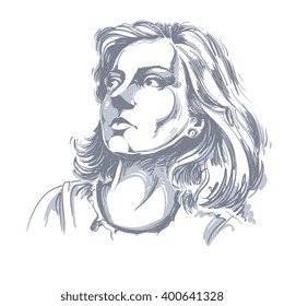 Graphic vector hand-drawn illustration of white skin attractive romantic lady with stylish haircut. People face expressions. Dreamy model posing for portrait.