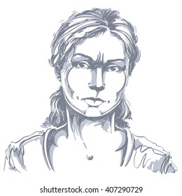 Graphic vector hand-drawn illustration of white skin angry lady with stylish haircut. People negative face expressions. Misunderstood theme.