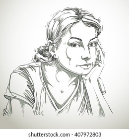 Graphic vector hand-drawn illustration of white skin sorrowful attractive lady with stylish hairdo. People face expressions. Sad and pensive young girl creative portrait.