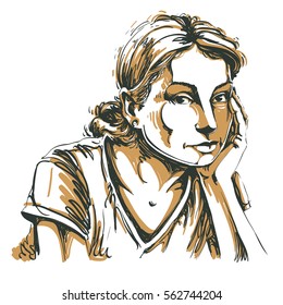 Graphic vector hand-drawn illustration of white skin sorrowful attractive lady with stylish hairdo. People face expressions. Sad and pensive young girl creative portrait.