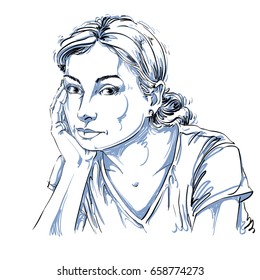 Graphic vector hand-drawn illustration of white skin sorrowful attractive lady with stylish hairdo. People face expressions. Sad and pensive young girl creative portrait.