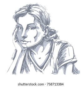 Graphic vector hand-drawn illustration of white skin sorrowful attractive lady with stylish hairdo. People face expressions. Sad and pensive young girl creative portrait.
