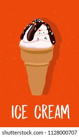 graphic vector of ice cream with waffle colorful ice and text ice cream. great for menu design, poster, advertising and other prints 