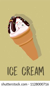 graphic vector of ice cream with waffle colorful ice and text ice cream. great for menu design, poster, advertising and other prints 